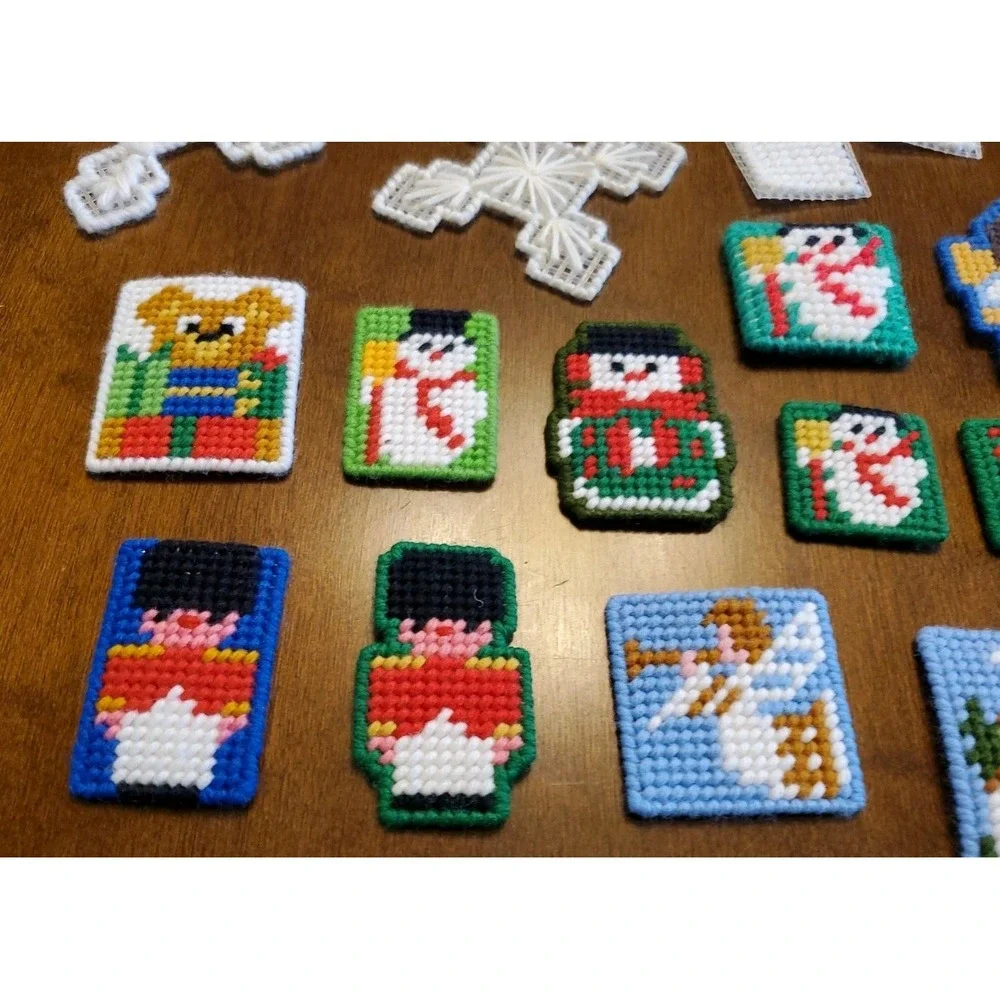 Lot of 30 Plastic Canvas Needlepoint Christmas Pieces Handmade Vintage Decor